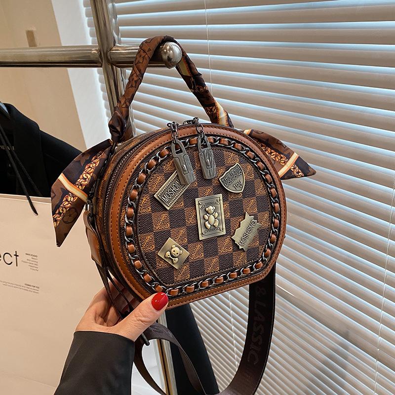 High-end Fashion Women's Small Round Bag, New Retro Printed Handbag, Casual Versatile Single Shoulder Oblique Span Bag