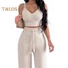 Zweiteiliges Outfit für Damen, V-Ausschnitt, ärmelloses Trägertop, bauchfreies Oberteil mit weitem Bein, Hose, lässige Sommer-Loungekleidung für den Strandurlaub