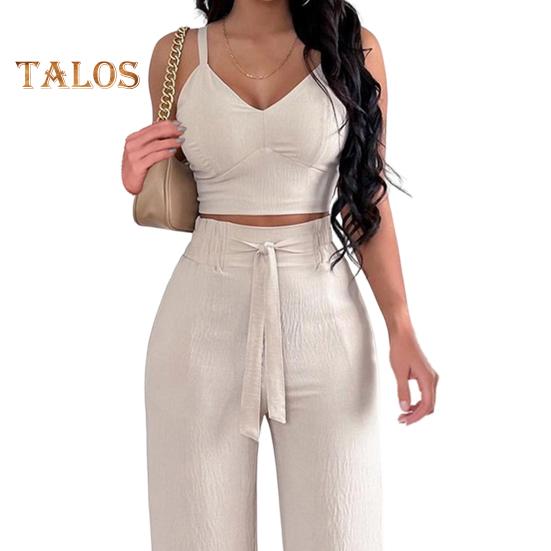Zweiteiliges Outfit für Damen, V-Ausschnitt, ärmelloses Trägertop, bauchfreies Oberteil mit weitem Bein, Hose, lässige Sommer-Loungekleidung für den Strandurlaub
