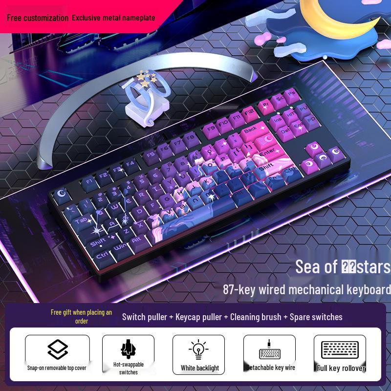 87-Key Cute Mechanical Keyboard, Wired Blue Switch, Personalized PBT for Gaming, Esports, Office, Creative Girls