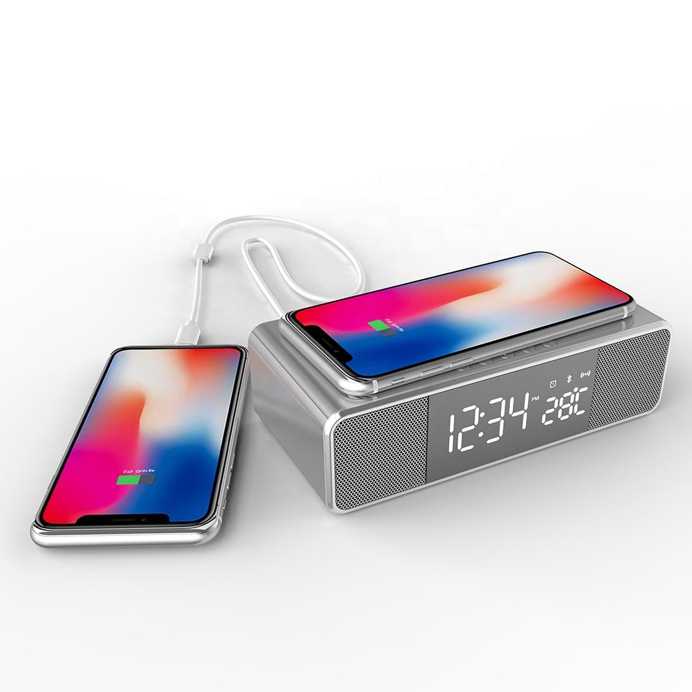 BT Speaker Music Alarm Clock Mobile Phone 5W Wireless Charger Clock Mirror With Night Light Digital Thermometer Desk Clock чёрный