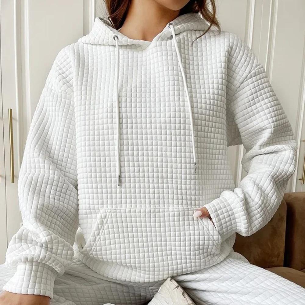 Women Hoodie Plaid Round Neck Pocket Pullover Long Sleeve Solid Color Jacket