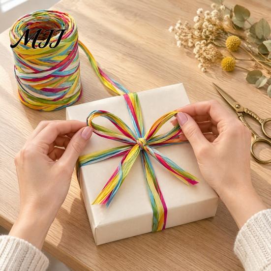 Natural Texture Twine for Gift Tags Colorful Raffia Packaging String, Flexible Paper Floral Bundling Multi Color Holiday Decorations Rope, Multi-color