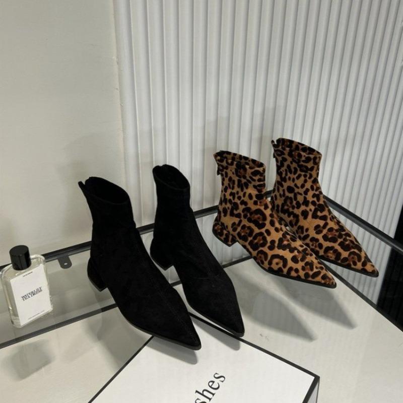 Fashion New Zippers Fashion Pointed Toe Women Ankle Boots with Low Heel Shoes Female Leopard Print Footwear Ladies Stretch Modern Boots