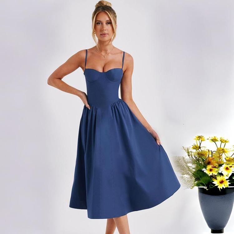 

Women V-neck Backless Spaghetti Strap Print Dress High Waist Knee-Length Fashion Design Sense S темно-синий