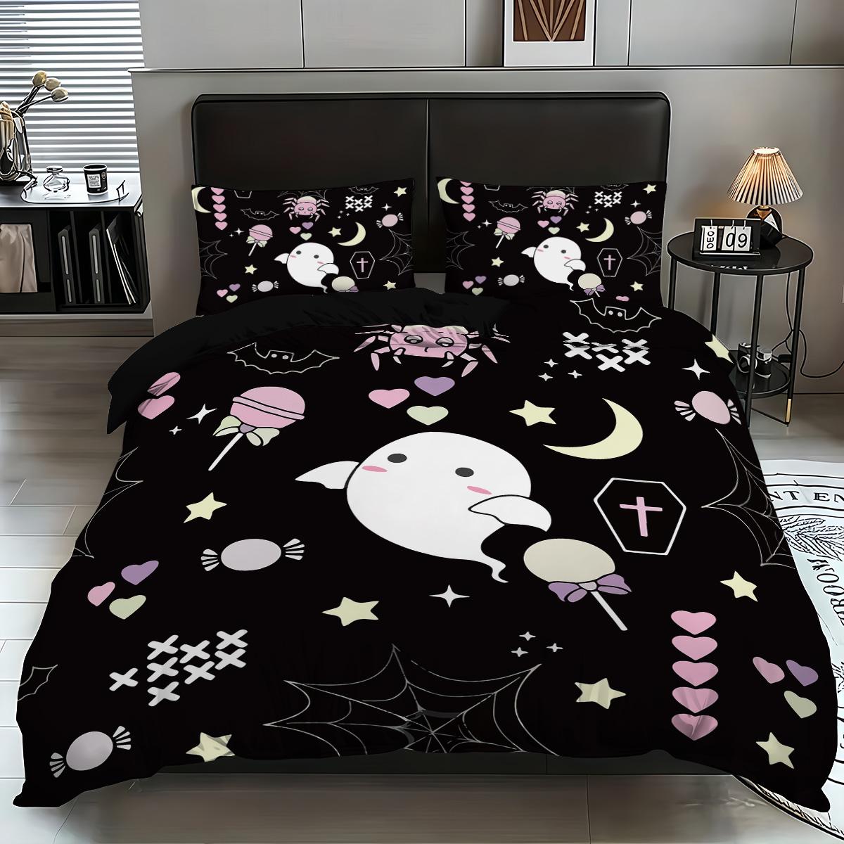 

3 шт. Милый комплект постельного белья с принтом привидений на Хэллоуин, без наполнителя, для спальни, гостиной, общежития, разные размеры, можно стирать в машине 140x210cm-AU-Single&set