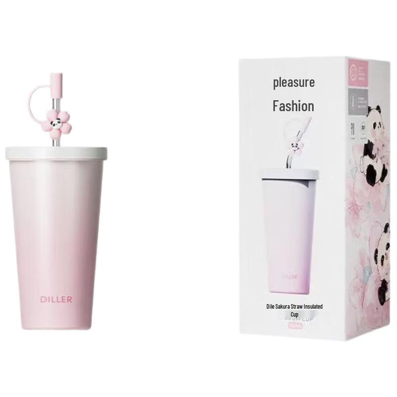 Dileber Sakura Panda Insulated Stainless Steel Straw Coffee Tumbler