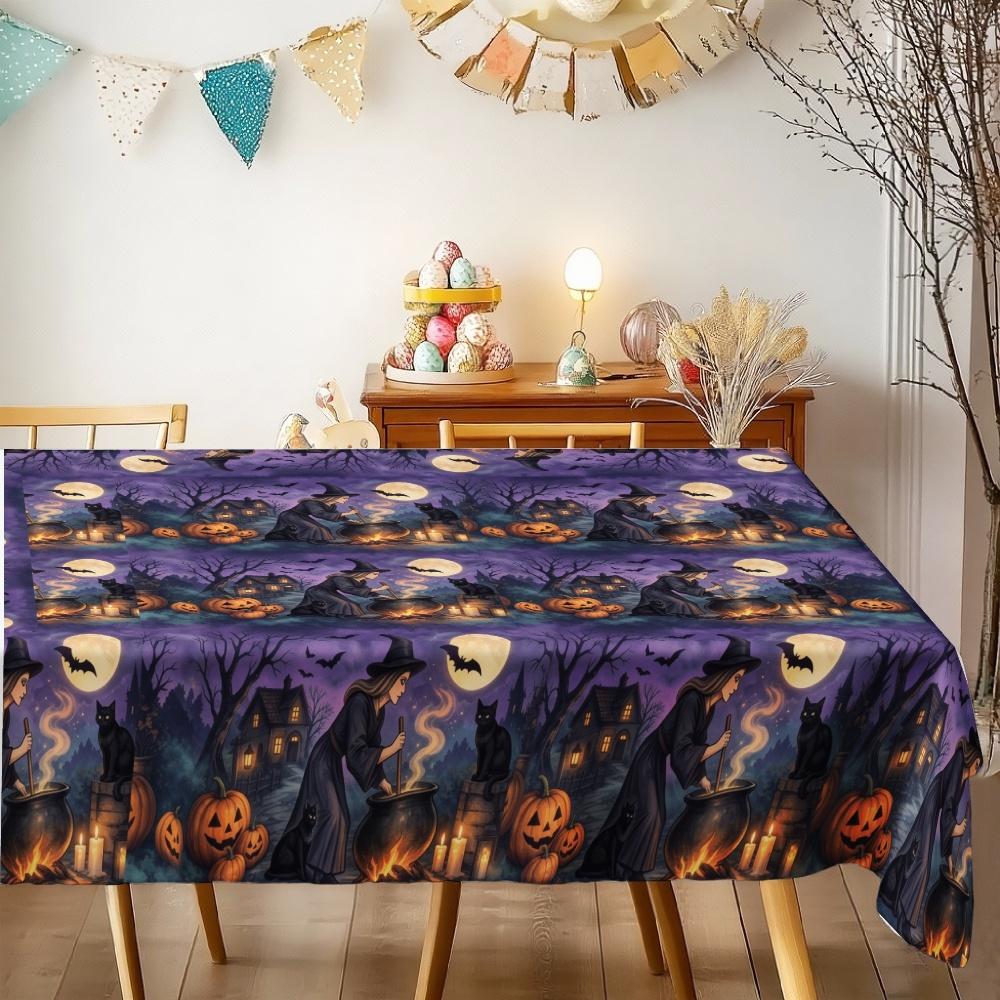Happy Halloween Rectangle Table Cloth Witch Cauldron Pumpkin Moon Table Cover Halloween Theme Party Dining Room Tablecloth Decor