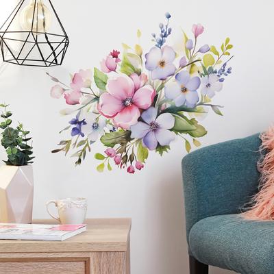 Watercolor Flowers Green Plant Leaves Bedroom Living Room Study Background Landscaping Wall Stickers Self-adhesive