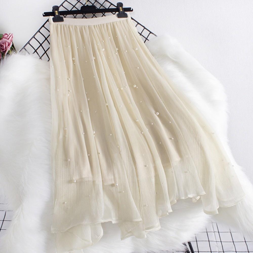 Qooth Women A Line Bead Chiffon Skirt Wide Hem Mid  Length Elastic Waist Slim Casual Skirt QT2650