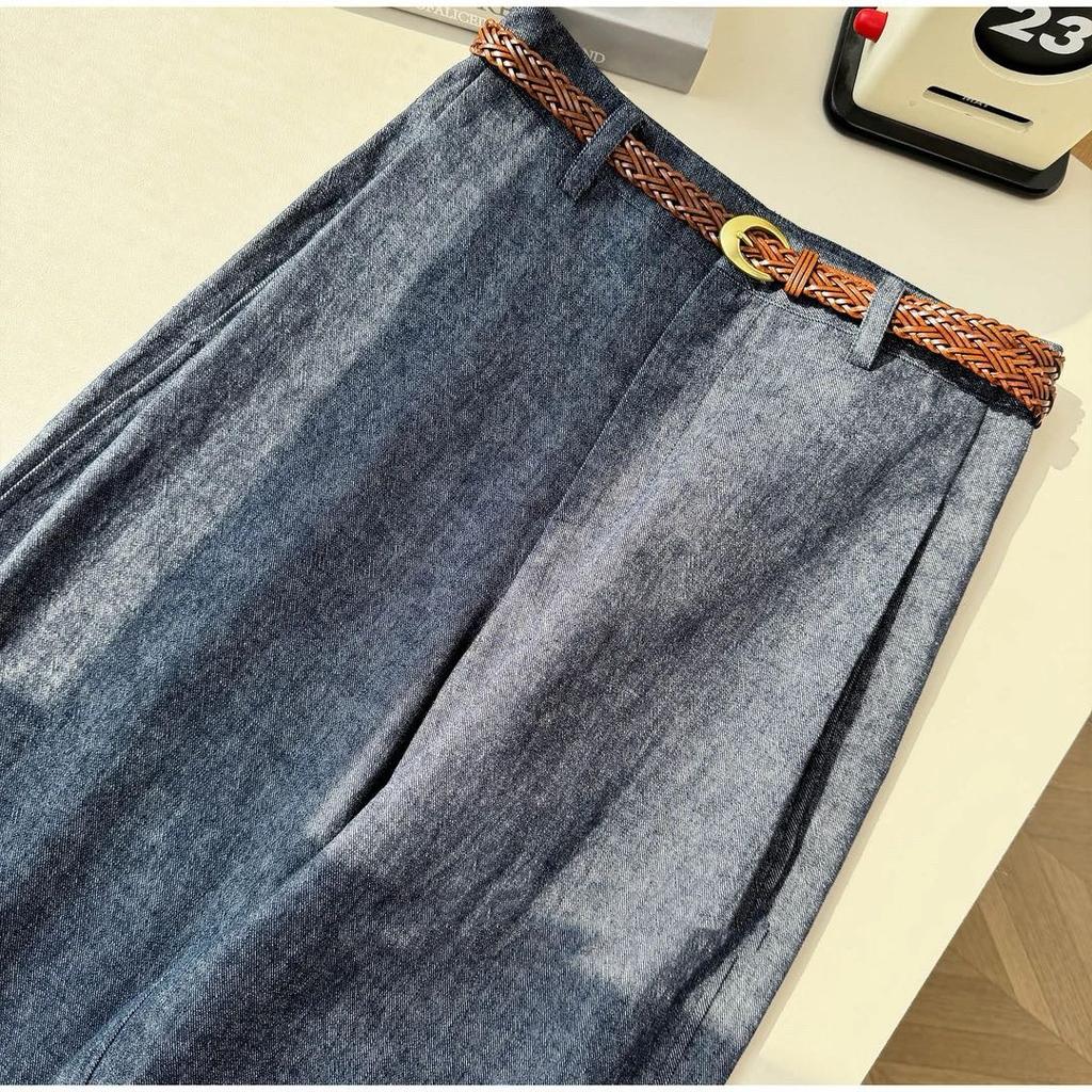 Women's High Waist Linen Cotton Wide Leg Pants Vintage Denim Washed Straight Long Trousers Old Money Style Thin Summer Floor Length Casual Pants