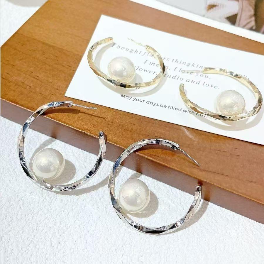 Electroplated Silver C-Shaped Faux Pearl Earrings - French Retro Light Luxury Studs for Women