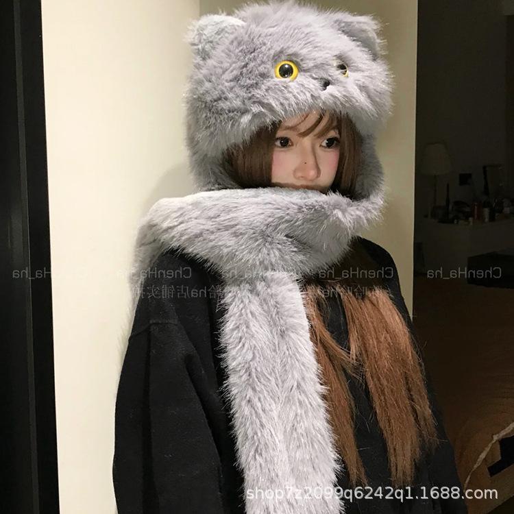 Big-eyed blue cat cute plush hat girls scarf integrated fluffy cold-proof ear protection 2025 new winter thickened