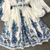 New Autumn Women Bohemian Dress Blue Print V-Neck Long Lantern Sleeve Elegant Belt Holiday Vestidos Fashion