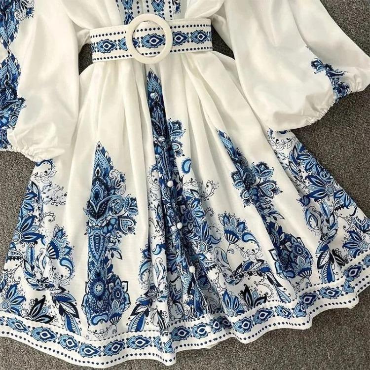 New Autumn Women Bohemian Dress Blue Print V-Neck Long Lantern Sleeve Elegant Belt Holiday Vestidos Fashion