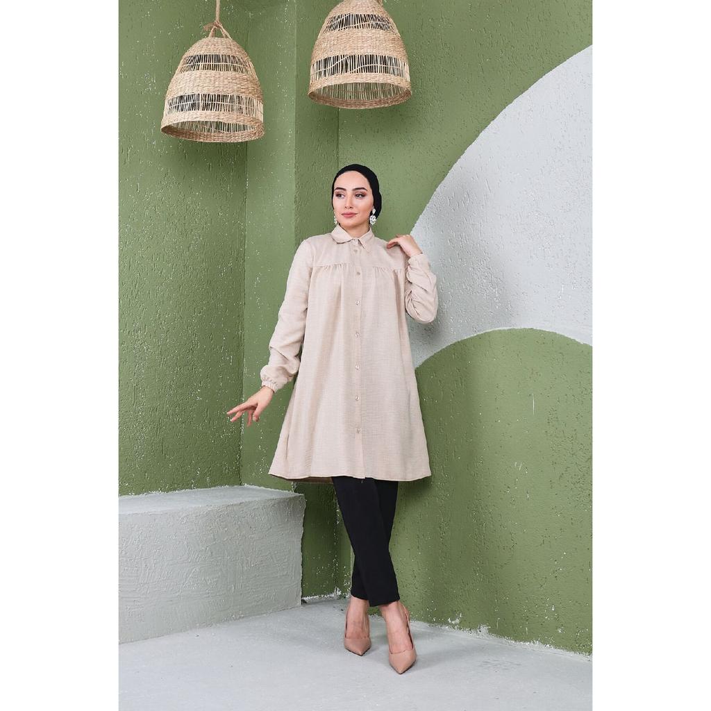 Women's Imported Linen Tunic Shirt With Gathered Front And Elastic Sleeves