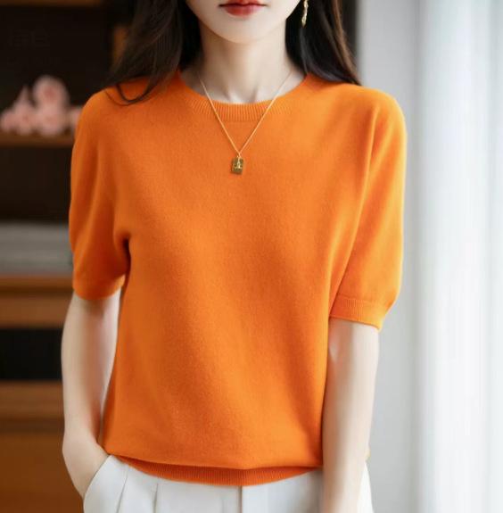 Spring Autumn Women Sweater O-Neck Cashmere Pullover Basic Short Sleeve Clothing Comfort Top Casual Solid