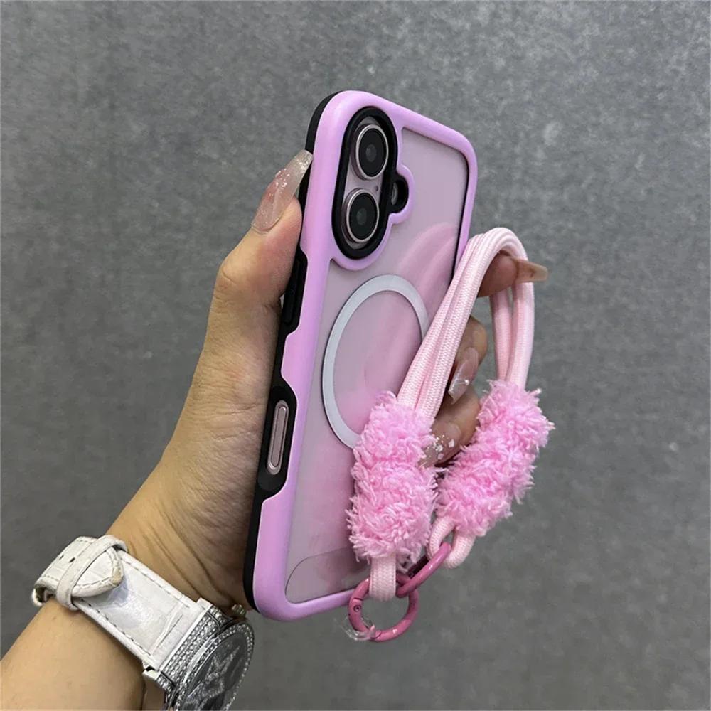 Armor Candy Color Clash For Magsafe Magnetic Clear Phone Case with Plush Wrist Strap For iPhone 16 Pro Max 15 14 13 Cover