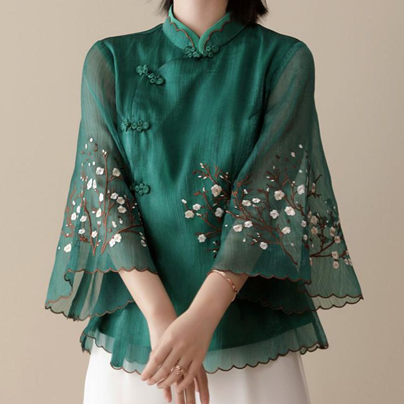 Chinese Style Embroidered Blouse Modified Stand Collar Bat Sleeve Loose Top Vintage Temperament Women's Clothing