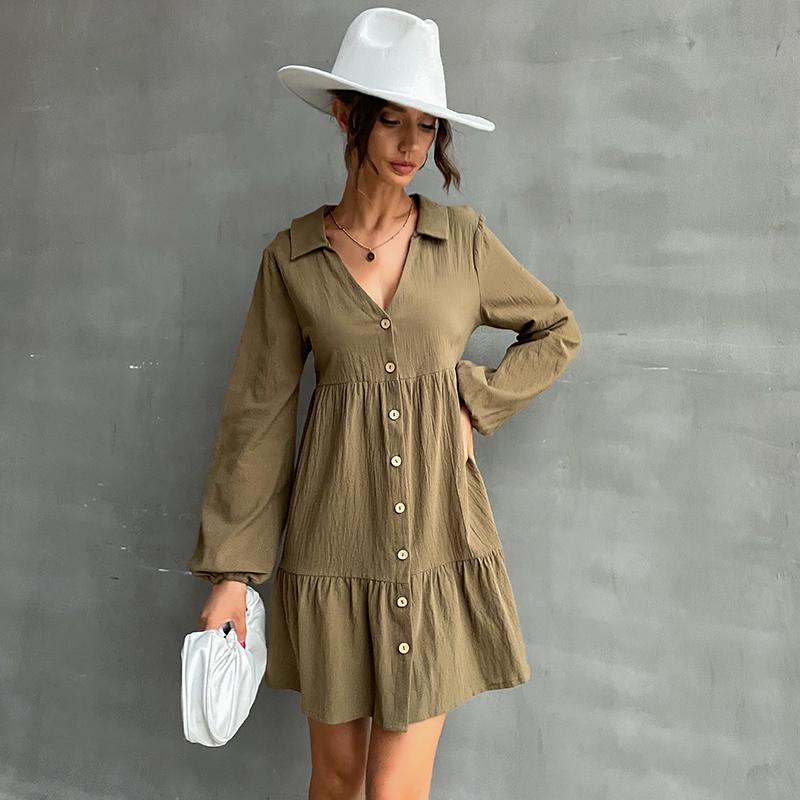 YYFS Women's Fashion Solid Color Print Long Sleeve POLO Neck Casual Dresses