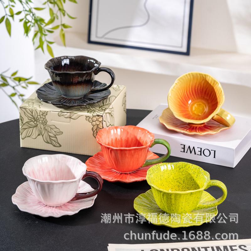 Hand-Painted Kiln Lower Color Flower Ceramic Coffee Cup And Saucer Design Sense Niche Women High Value Latte Cup