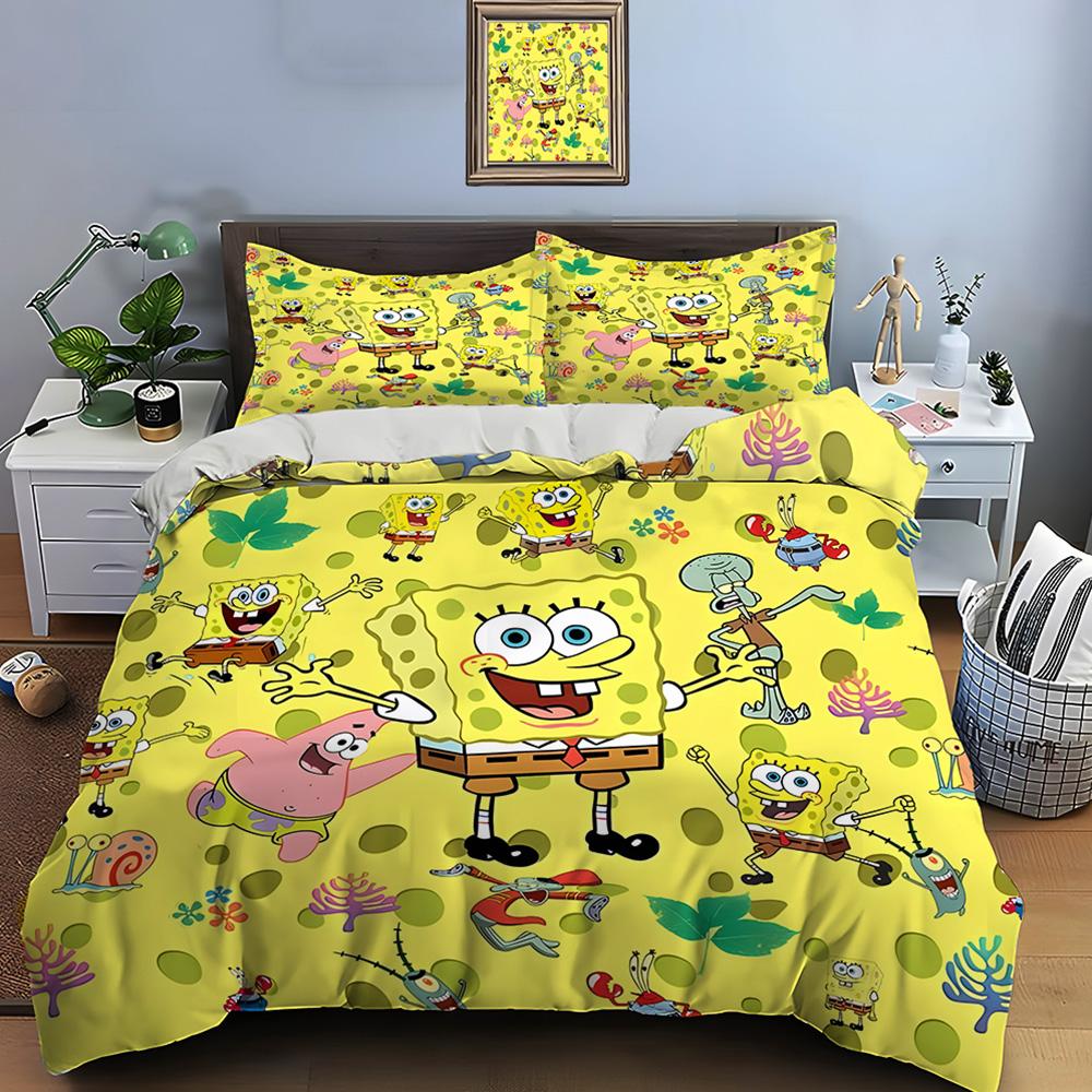 Multiple Sizes Spongebob Cartoon Print Bedding Set 1 Duvet Cover 2 Pillowcases Adult And Kids Bedding Set Luxury Gifts