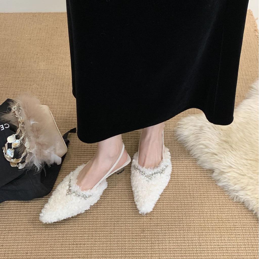 Hand-made Rhinestones, Back Straps, I-heel, Medium Heel, Lamb Wool, Pointed Head, Bag Head, Fluffy Shoes, Special-shaped Heel, Women's Shoes, Autumn