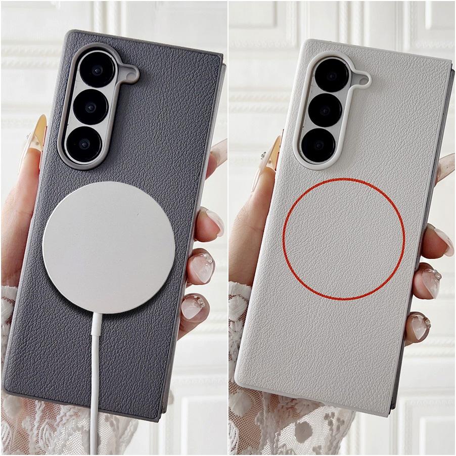 Pebbled Plain Leather Red Thin Circle Magnetic Case For Samsung Z Fold 7 fold7 Fold 6 Galaxy Z Fold 6 5 Camera protect Cover
