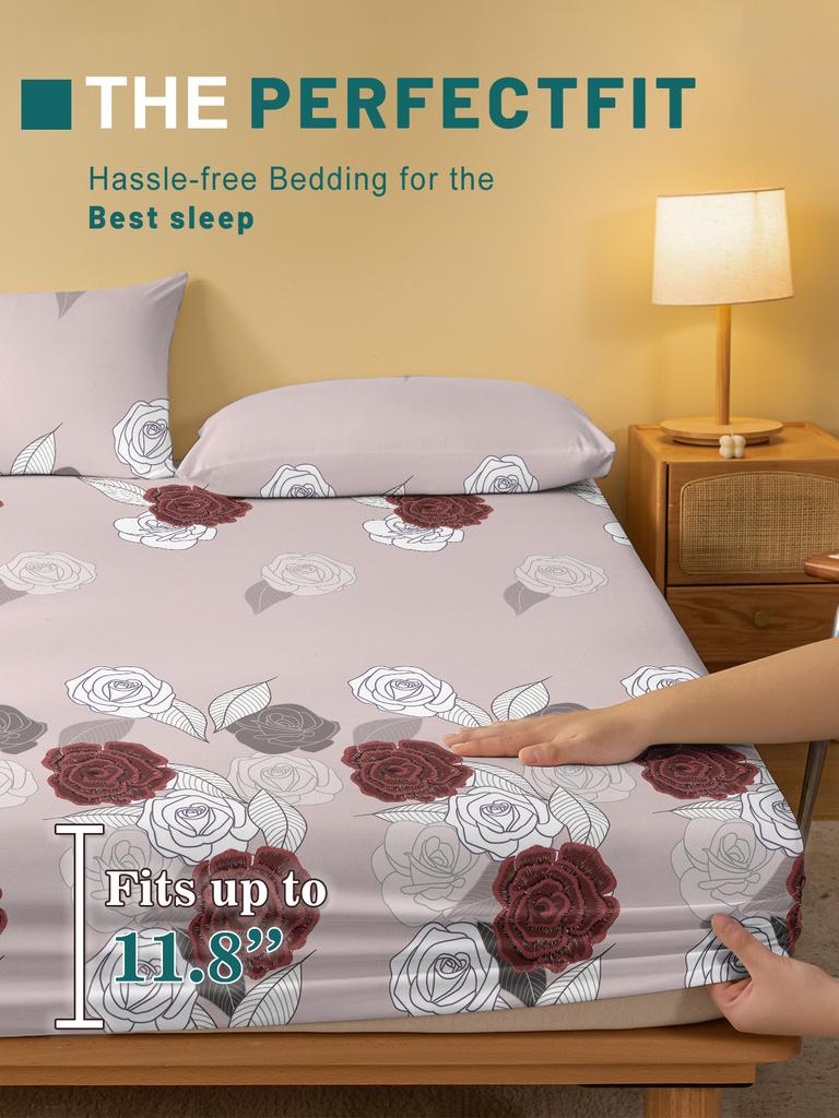 Simple Modern Rose Printed Fitted Sheet Plant Flower Design Matte Bed Cover Bedding Set Without Pillowcases