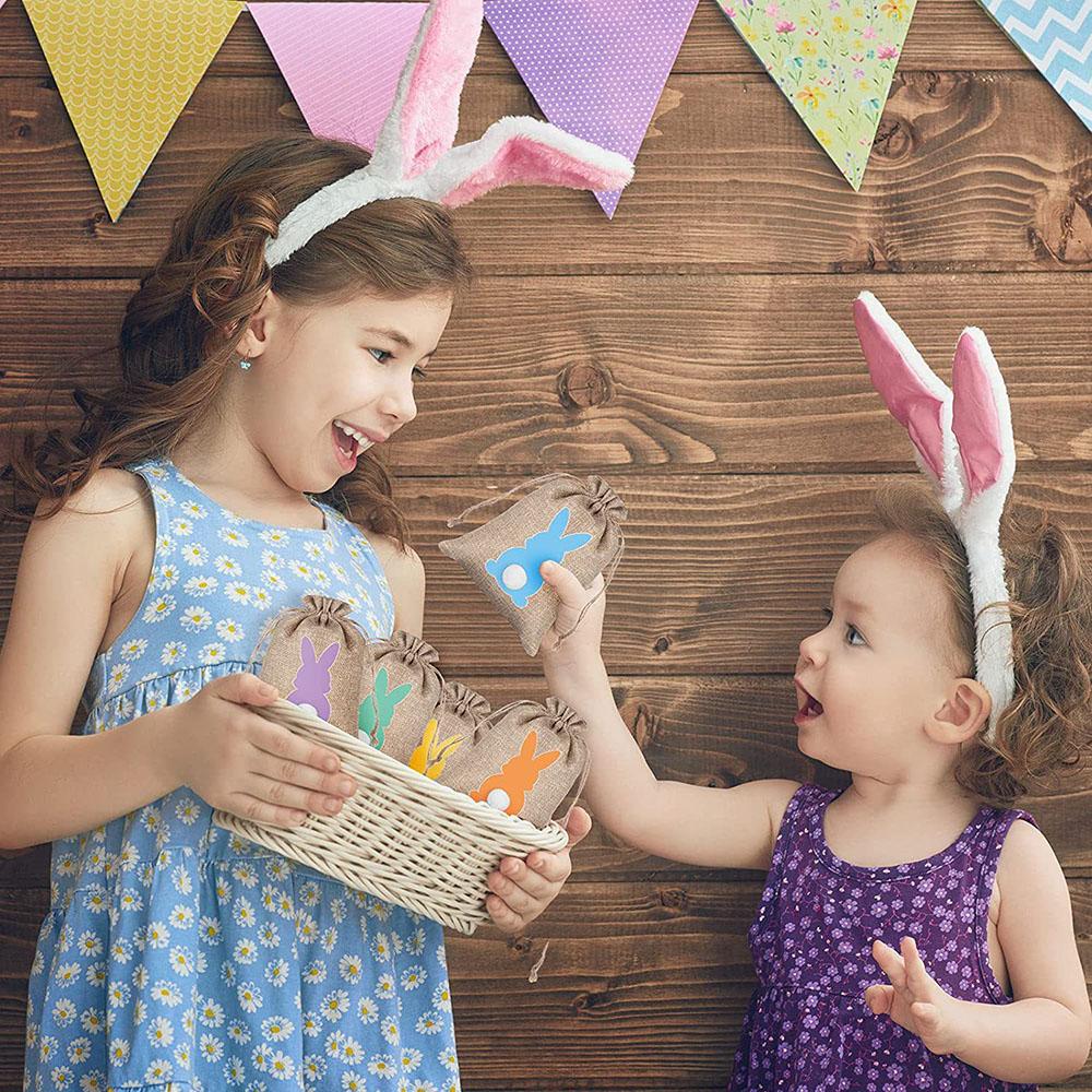 6pcs Easter Bunny Tail HAPPY EAST Party Candy Box Linen Drawstring Bundle Pocket Gift Basket