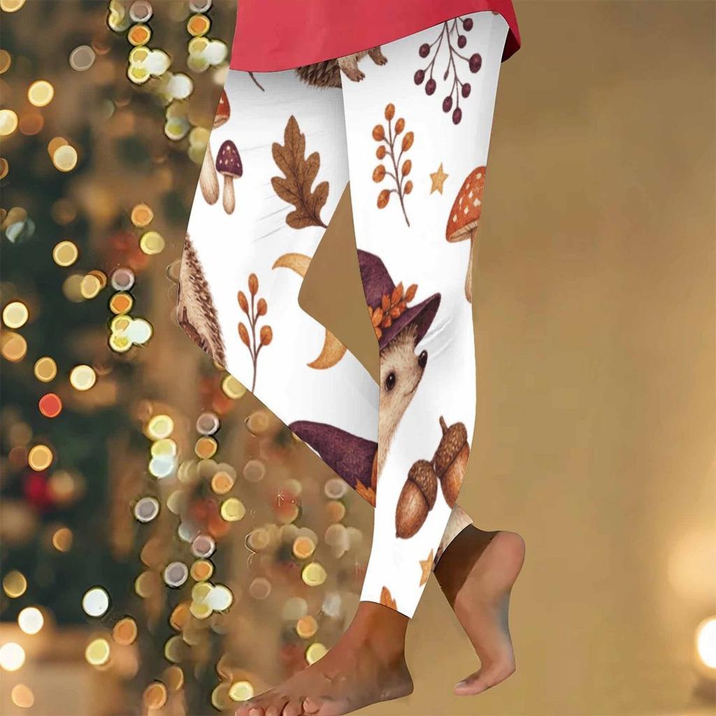 Women Plus Size High Waist Full Length Fitted White Printed Mushroom Floral Yoga Leggings
