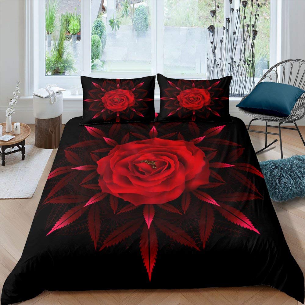 Ensemble Housse de Couette Rose Rouge Ensemble de Literie Imprimé Fleur de Rose Style Romantique Frais Taille King Housse de Couette avec Taies d'Oreiller pour Amoureux