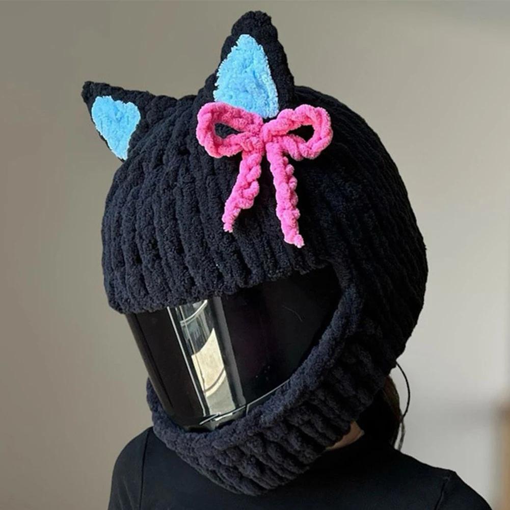 Motorcycle Helmet Cover Cute Cat Ear Helmet Knitted Cover Handmade Thick Velvet Hat Cover for Women Cosplay Styling