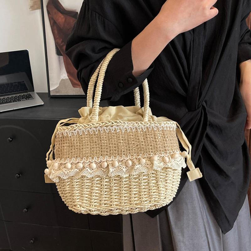 Yogodlns Women Straw Woven Bag Straw Tote Bag Large Capacity Weaving Shoulder Purse with Lace Woven Shopping HandBag Summer Beach Clutch