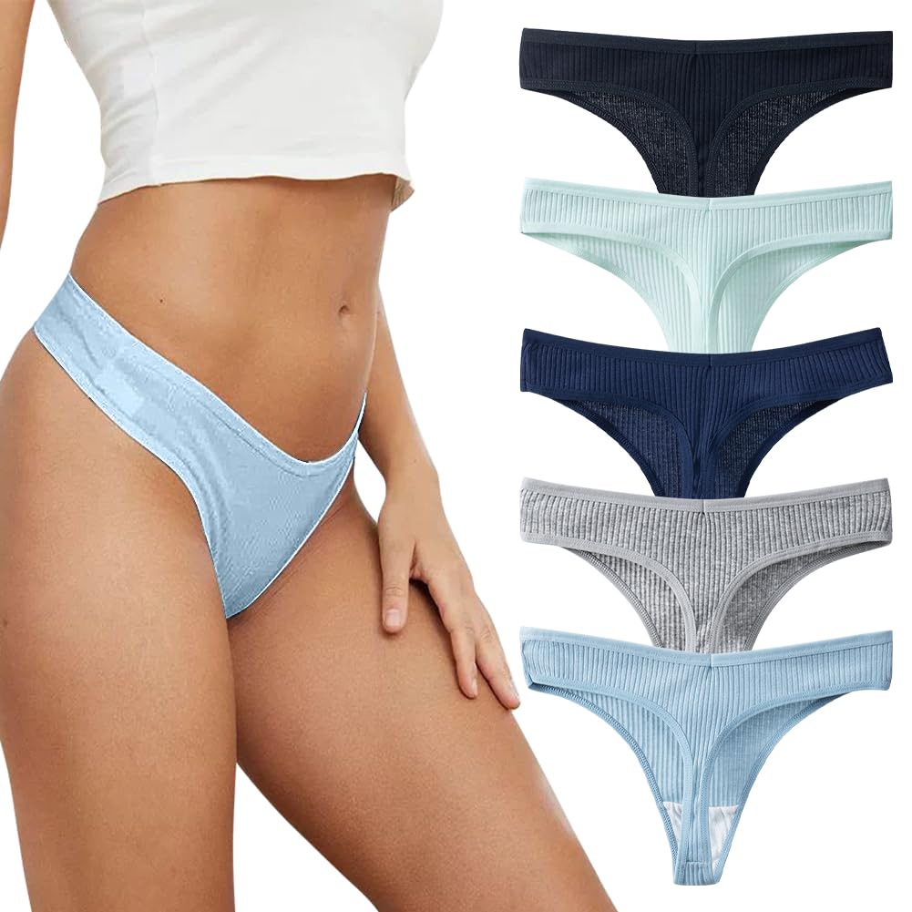 TUOTISI Cotton Ribbed Knit Stretch Comfortable Sexy Underwear Bikini Tanga Smooth Women's T-Back Panties, Non-Slip Skin, 5-Pack (Size L)