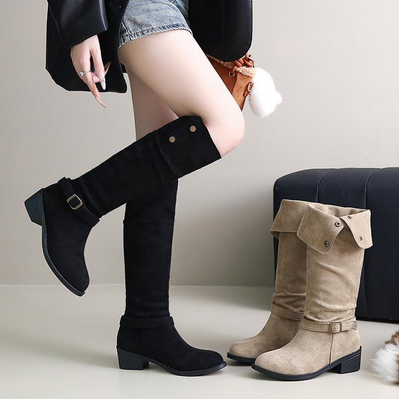 Pointed But Knee Boots Women's 2025 New Autumn and Winter Western Cowboy Pile Boots Thick Heel Knight Boots Large Size