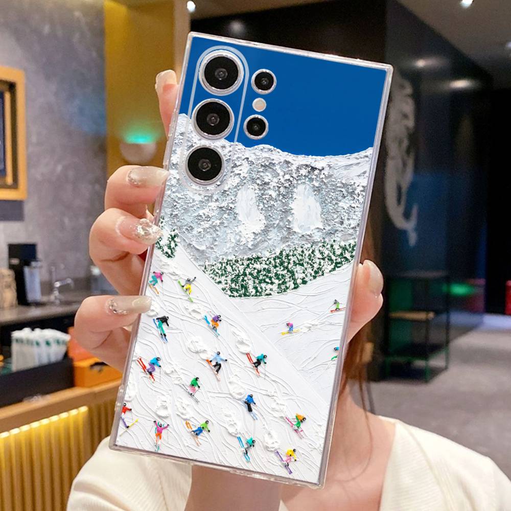 Skiing sports art oil painting style Phone Case For SamsungS25,24,23,22,21,30,Ultra,20,Plus,Lite,Soft Silicone Transparent Cover