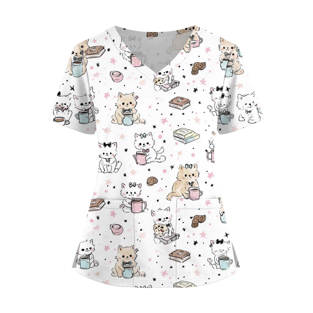 Women's Fashion V,Neck Short Sleeve Overalls With Pockets  Print Tops  Clothes