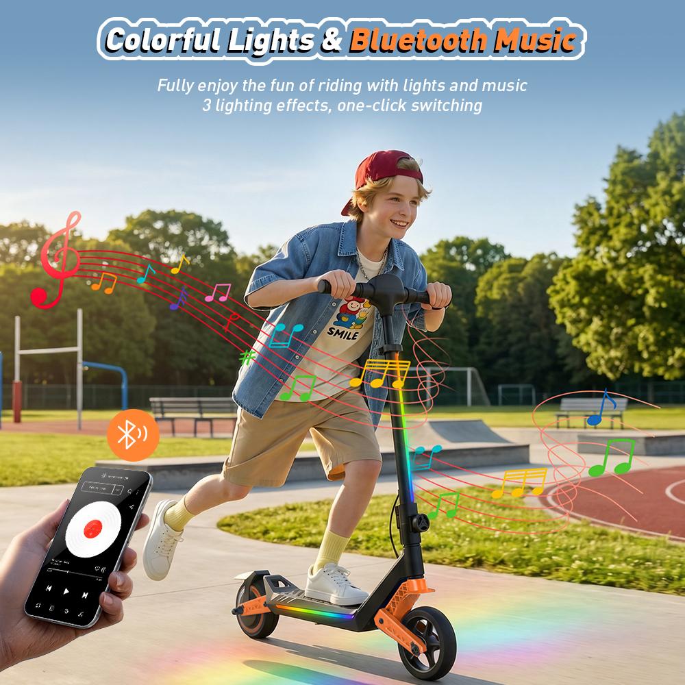 K6 Kids Electric Scooter 150W 2.6Ah 6.5'' Solid Tires Bluetooth Speaker LED Lights Foldable & Height Adjustable 16KM/H Max Speed 7-9KM Range for kids
