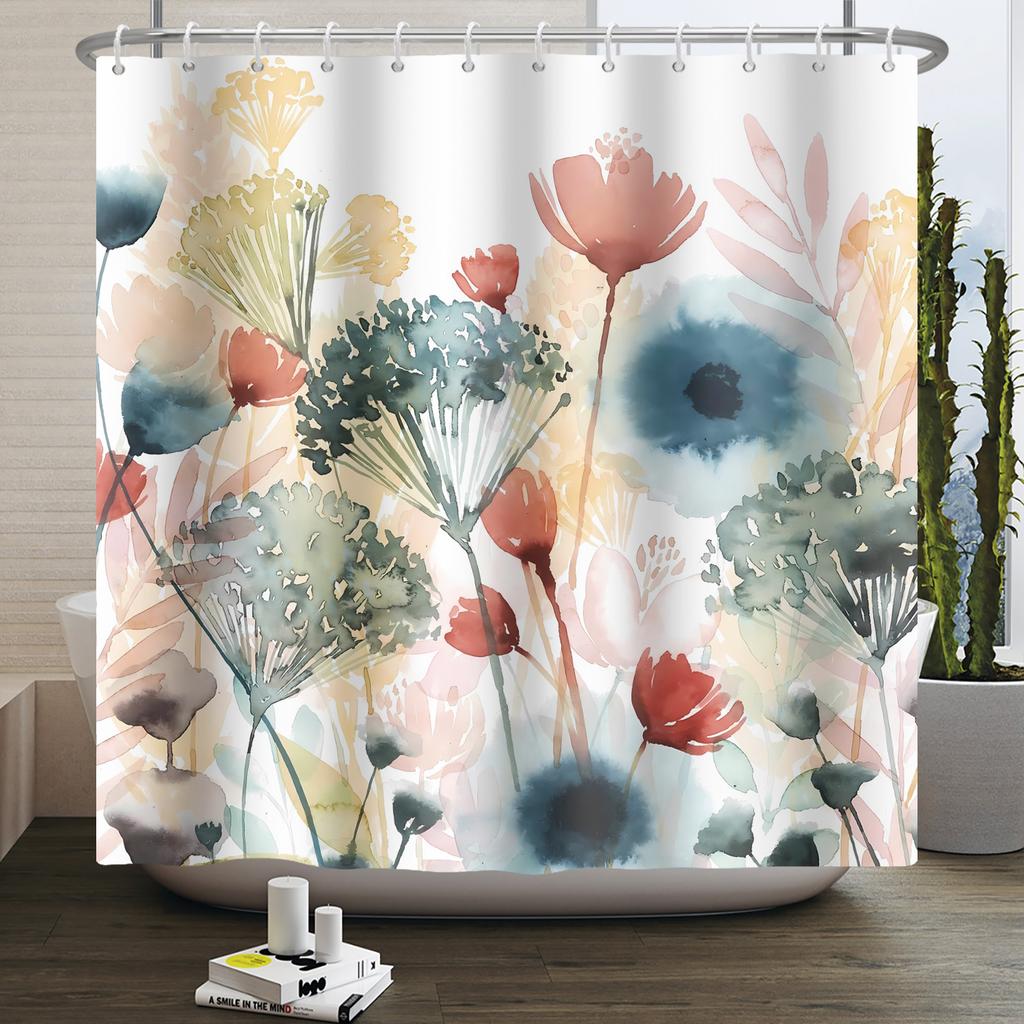 Floral Shower Curtain Flower Butterfly Waterproof Polyester Bathroom Curtain With Hooks Bathtub Screen