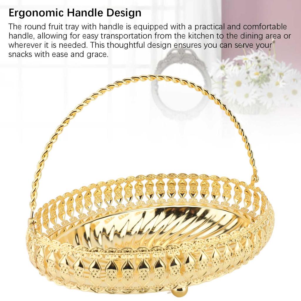 Rund Fruktskål med Handtag Guld Färg Legering Retro Rund Torkad Fruktbehållare för Fester