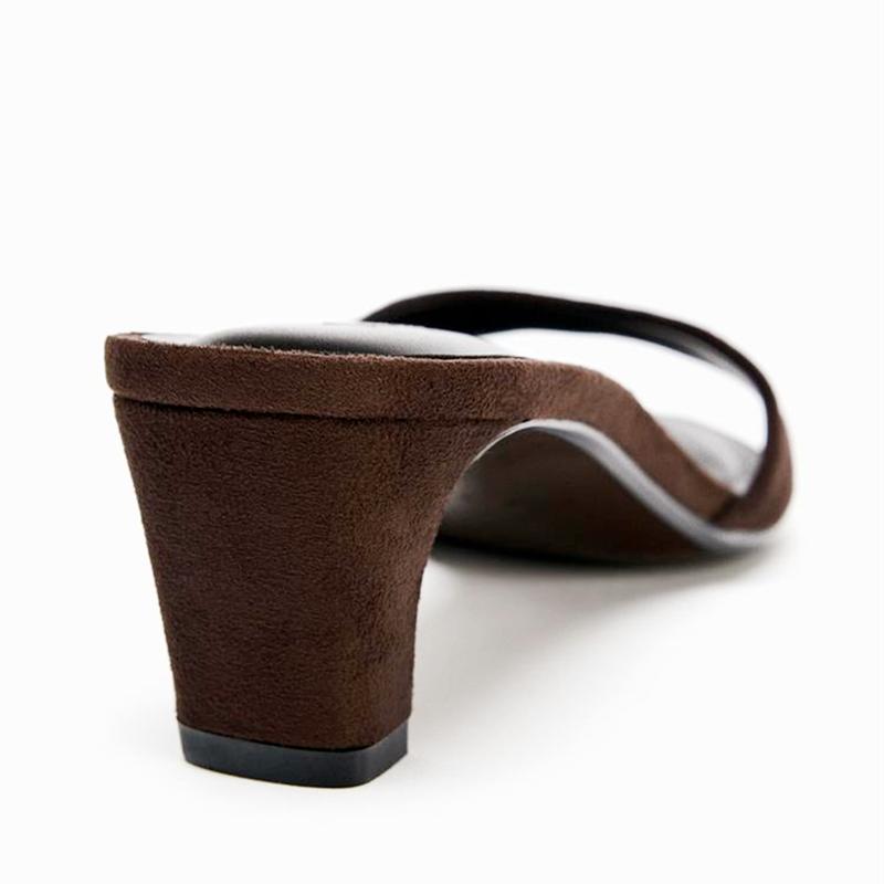 Vintage Brown Faux Suede Slippers for Women Fashion Square Toe Chunky Heel Slides Sandals Summer Sexy Open Toe Designer Shoes