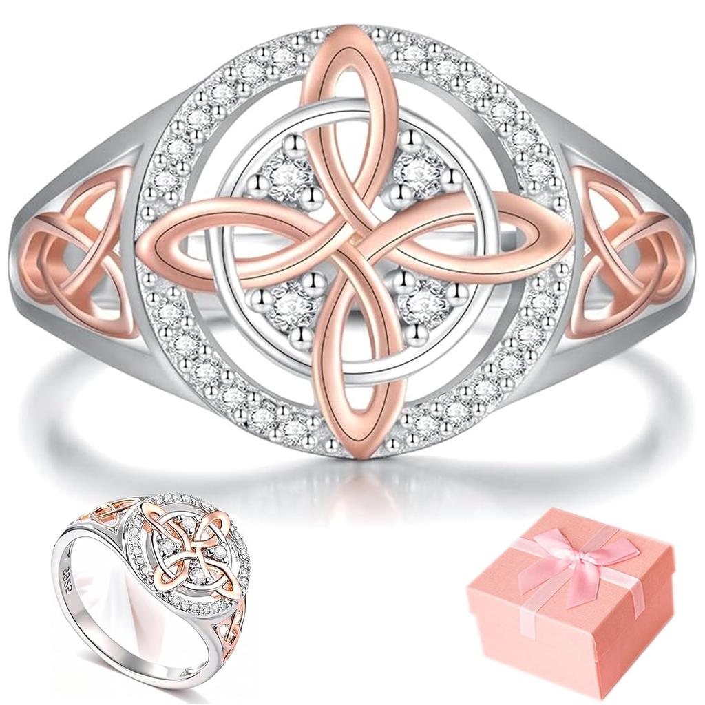 Sterling Silver Celtic Knot Ring with Round Cubic Zirconia Accents and Rose Gold Plated Detailing for Women and Girls