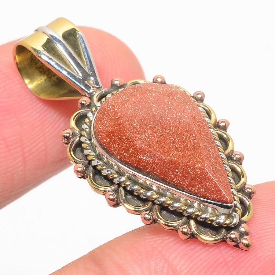 Natural Sunstone Gemstone Two Tone 925 Solid Sterling Silver Pendant 1.50" z3z51
