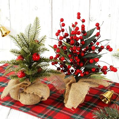 Small Christmas Artificial Plants with Burlap Base Faux Pine Branches with Red Berries/Poinsettias Flower for Winter Indoor Home