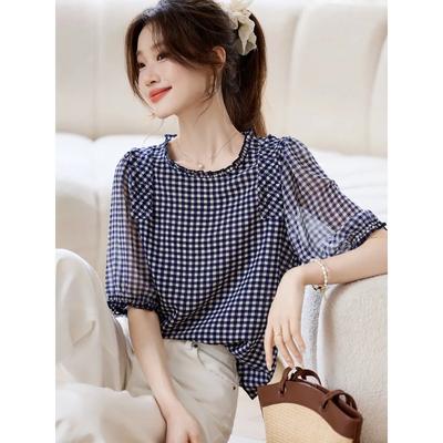 Summer New Style Chic Checkered Chiffon T-shirt Women's Loose Casual Short Sleeve All Match Round Neck Top Small Shirt