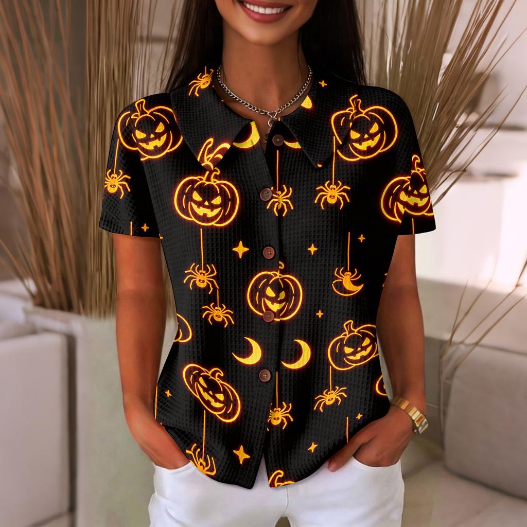 Women's Casual Button Front Waffle Knit Shirt Halloween Print Short Sleeve Top Lightweight Comfortable Relaxed Fit
