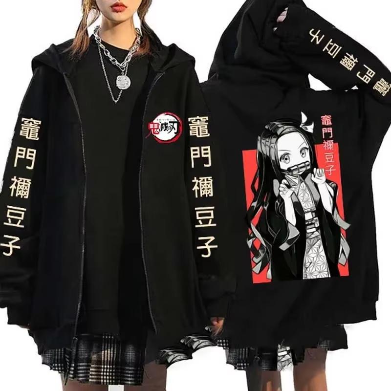 Japanese Anime Demon Slayer Zipper Jackets Sweatshirt Nezuko Kamado Mange Zip Up Hoodies Kimetsu No Yaiba Cartoon