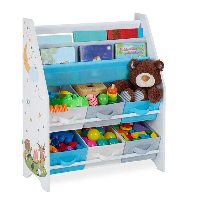 GINGER HOME – Organiseur enfant 3 porte-livres + 6 bacs, meuble de rangement jouets, bois & tissu, motif Forêt, 62,3×26,5×74 cm