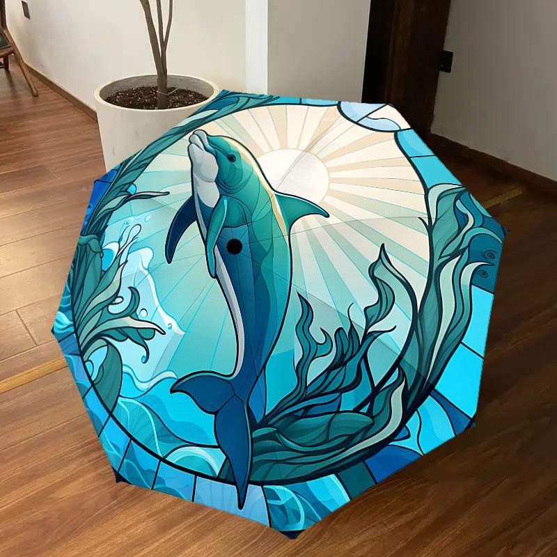 1PC Dolphin Stained Glass Automatic Open/Close Umbrella with Windproof, 8-Rib Sturdy Canopy, Durable Ribs, Fashionable Design,1248A